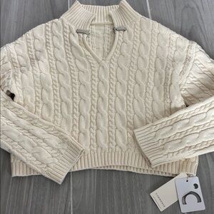 Commense Cream Cable mock neck Knit Sweater